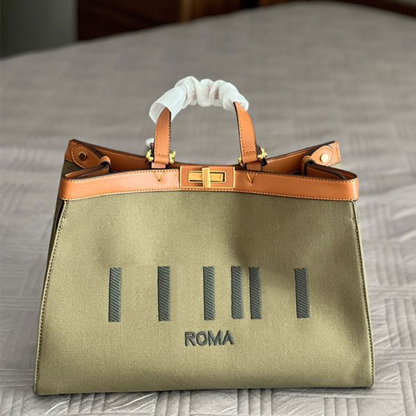

canvas tote bags women shopping bag retro green handbag shoulder bags twist buckle embroidered letters leather handles large capacity purse