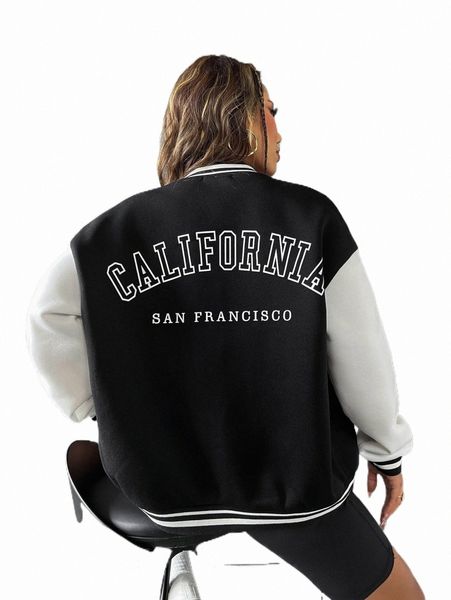 

women's jackets letter graphic drop shoulder bomber jacket n5fl#, Black;brown