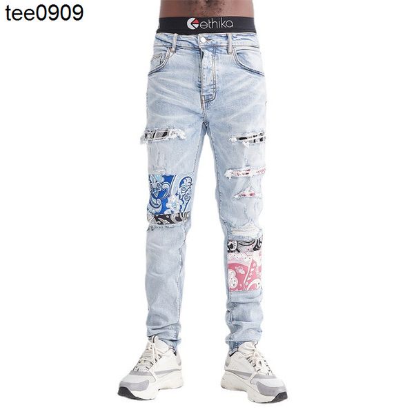 

2021 jeans color patch youth paste cloth high street casual pants show thin stitching show high elastic jeans, Blue