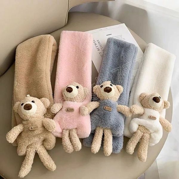 

cartoon bear plush kids scarf cross collar boys girls scarf imitation rabbit fur winter warm children scarves gift, Red;brown