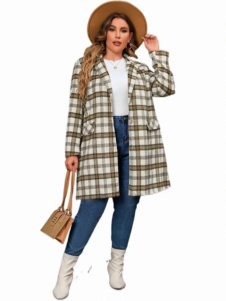 

plus size outerwear & coats plus plaid print lapel neck overcoat 71vk#, Black