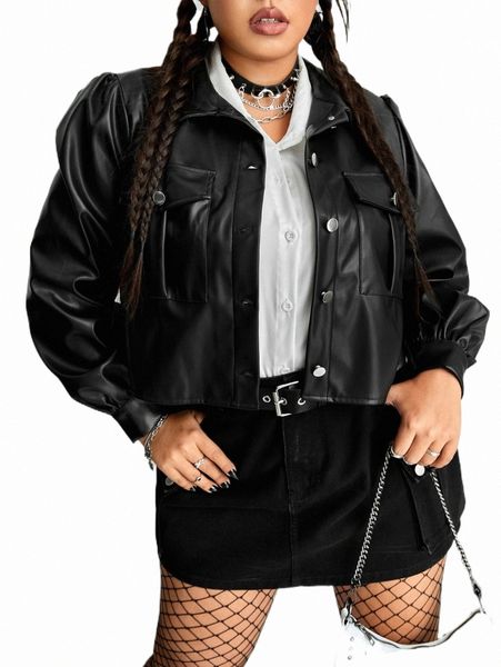 

plus size outerwear & coats plus flap pocket pu leather jacket z8ao#, Black