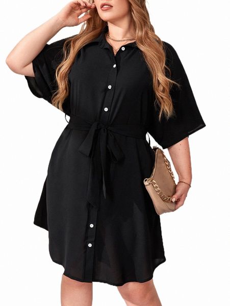 

plus size dresses plus batwing sleeve belted shirt dress z9lf#, Black