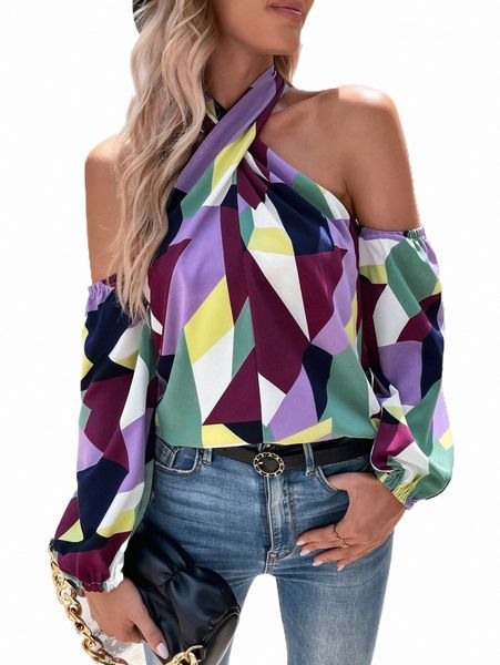 

women's blouses & shirts geo print cold shoulder blouse w3w9#, White