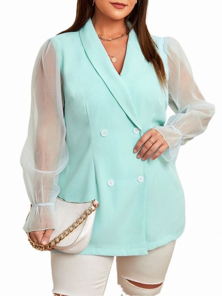 

plus size outerwear & coats plus contrast mesh flounce sleeve shawl collar double breasted blazer d7yp#, Black