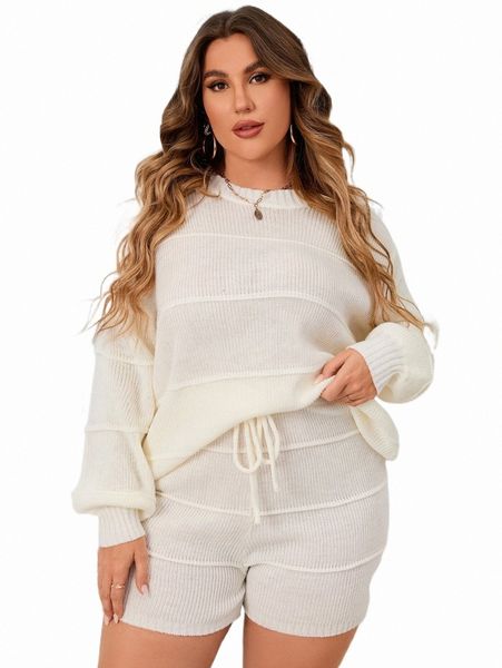 

plus size t-shirt plus drop shoulder sweater & tie front knit shorts l57i#, Black