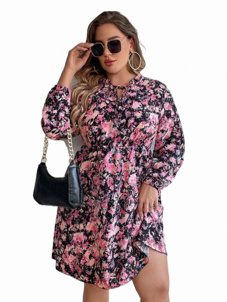 

plus size dresses plus floral print frill trim tie front dress k4z3#, Black