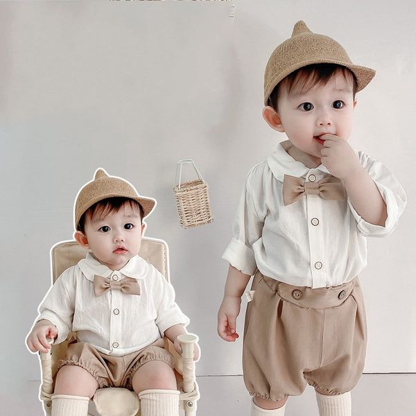

clothing sets handsome boys summer full sleeve bow tie shirts solid short pants toddler kids baby clothes set formal suits 2pcs 20220908 e3, White