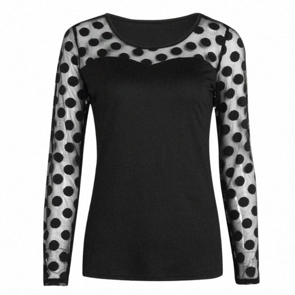 

women's t-shirt wholesale- women long sleeve slim hollow mesh patchwork polka dot t-shirt s9nt#, White