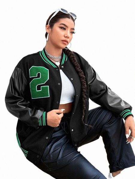 

plus size outerwear & coats plus letter graphic drop shoulder bomber jacket 086z#, Black