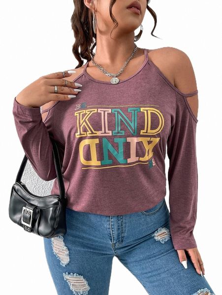 

plus size t-shirt plus letter graphic cold shoulder tee y12e#, Black