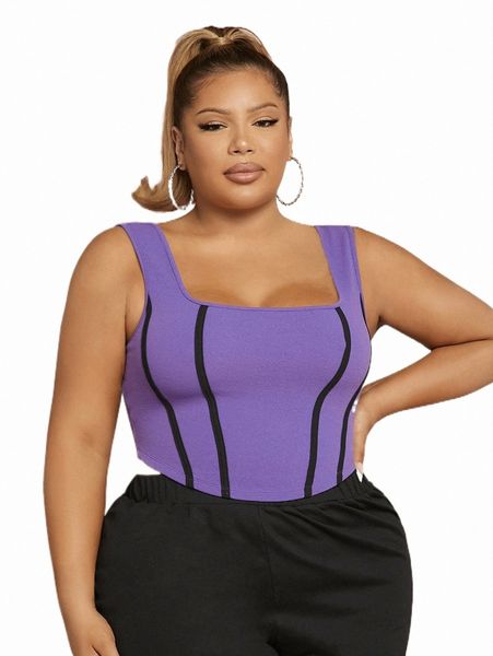 

plus size t-shirt sxy plus stitch trim asymmetrical hem tank v0sj#, Black