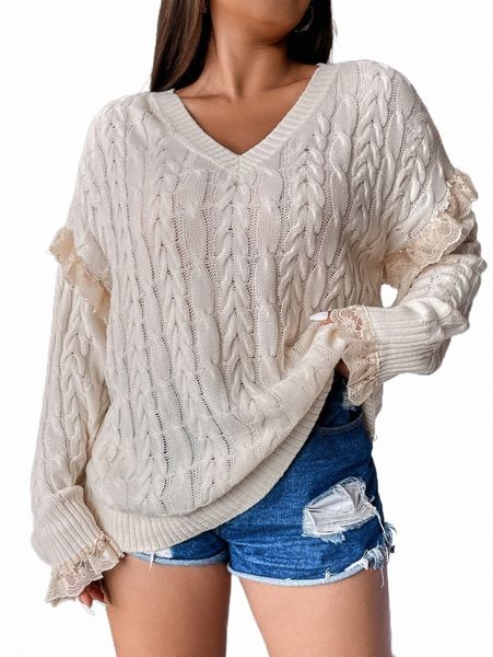

plus size t-shirt plus cable knit lace trim drop shoulder sweater q7m1#, Black