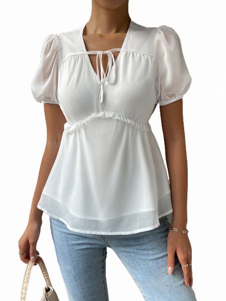 

women's blouses & shirts puff sleeve frill trim peplum blouse x3lc#, White
