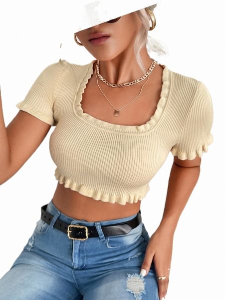 

women's sweaters square neck frill trim crop knit g4zb#, White;black