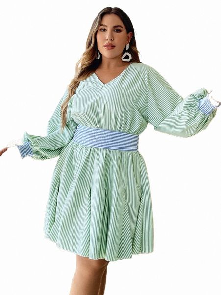 

plus size dresses simplee plus striped lantern sleeve ruffle hem dress 75gi#, Black