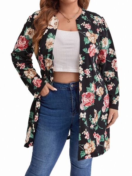 

plus size outerwear & coats plus floral print open front coat 13kv#, Black