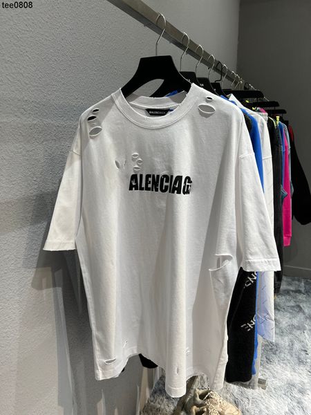 

paris t-shirt correct version fashion brand balencaigass 22ss perforated printing letter os short sleeve tee ins women's net red, White