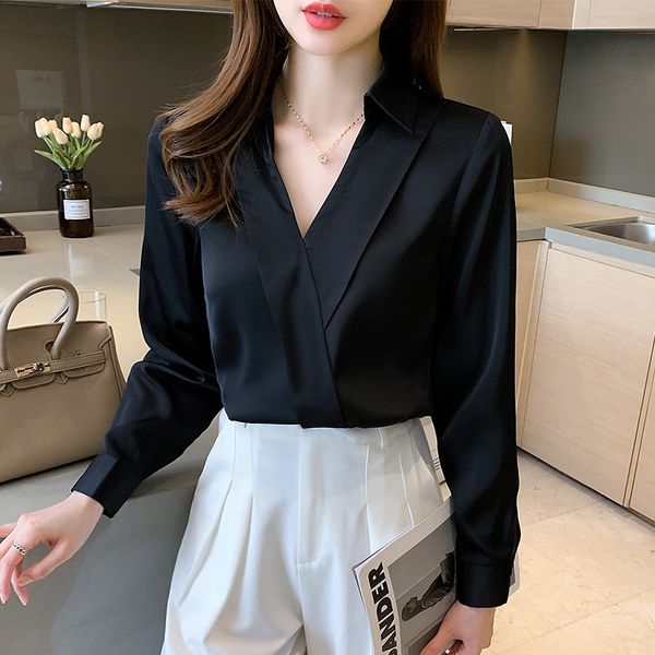 

long sleeve office shirt women fashion new satin silk blouse 2022 spring casual elegant v-neck lady shirts blouses, White