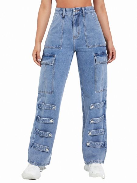 

women's jeans high waist flap pocket strap detail wide leg jeans x1t0#, Blue