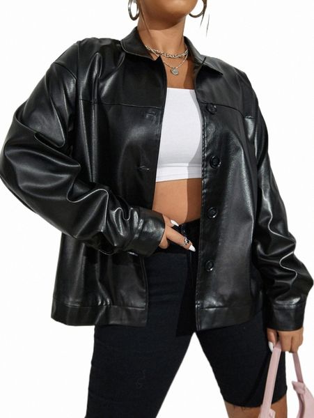 

plus size outerwear & coats plus drop shoulder pu leather jacket r0sx#, Black