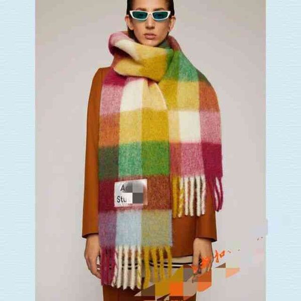 

designer scarf acne sweden studios new ac same ne imitation cashmere knitted wool rainbow lattice color matching warm bib shawl a75n, Blue;gray