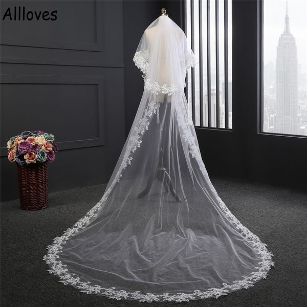 

one layer long wedding veils for brides hair accessories 3 meters lace appliqued tulle elegant bridal veil white ivory women headwear cl1109, Black