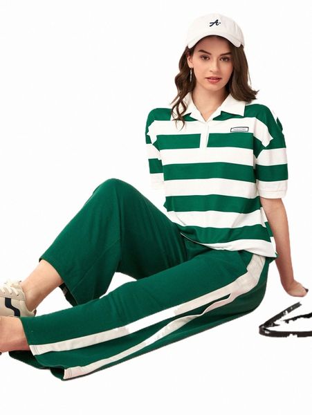 

women's t-shirt letter patched striped drop shoulder tee 457a#, White