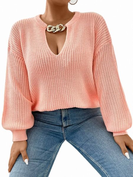 

plus size t-shirt plus chain detail choker neck drop shoulder sweater x48n#, Black