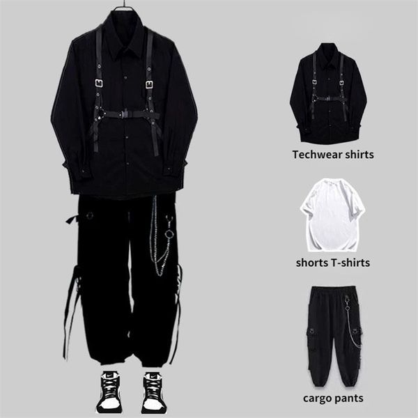 

men's tracksuits houzhou techwear sets punk black cargo pants shirt kit long sleeve shirts korean streetwear hip hop harajuku spring 22, Gray