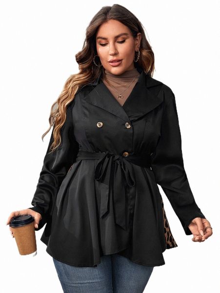 

plus size outerwear & coats plus double breasted belted coat 646d#, Black