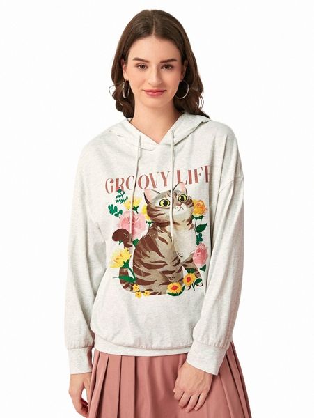 

women's hoodies & sweatshirts letter & cartoon graphic drop shoulder drawstring hoodie i04h#, Black