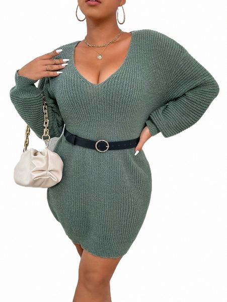 

plus size t-shirt plus drop shoulder sweater dress without belt h5g9#, Black