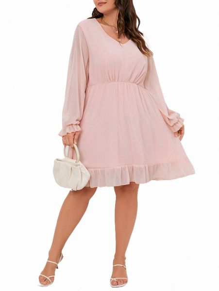

plus size dresses plus flounce sleeve ruffle hem dress z08b#, Black