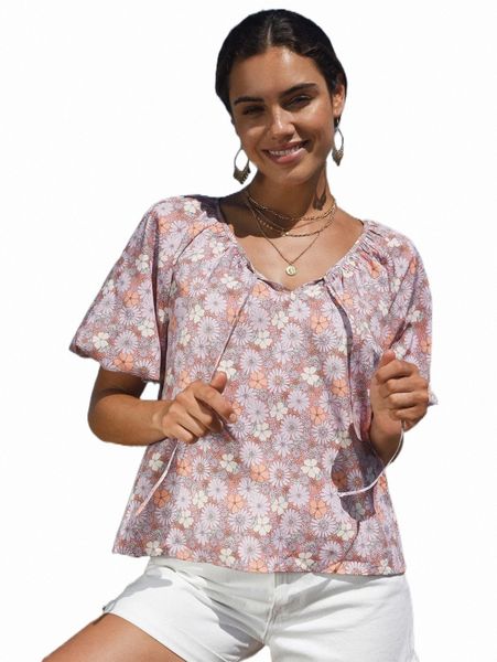 

women's blouses & shirts floral print puff sleeve blouse d64k#, White