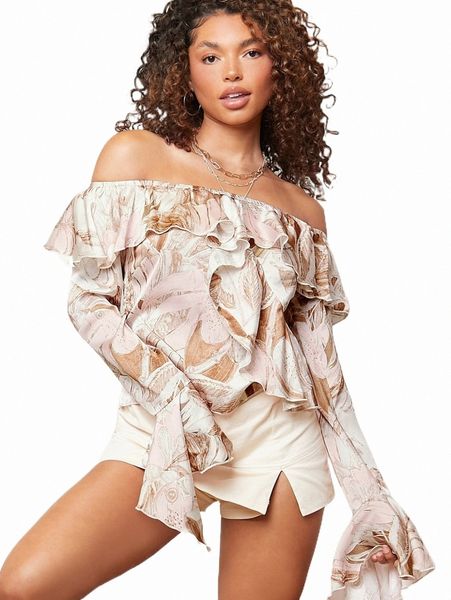 

women's blouses & shirts allover print ruffle trim bardot blouse k4ce#, White