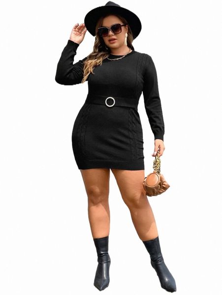 

plus size t-shirt plus pearls beaded cable knit sweater dress y1h4#, Black