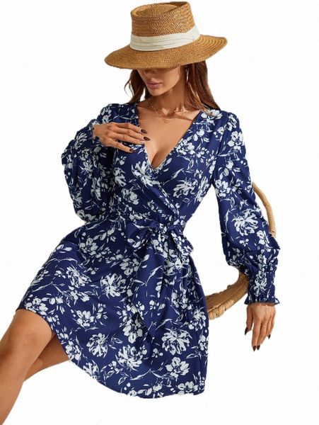 

casual dresses floral print surplice neck belted dress u9hw#, Black;gray