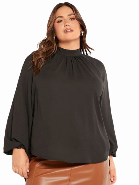 

plus size t-shirt evolu plus mock neck lantern sleeve i89r#, Black