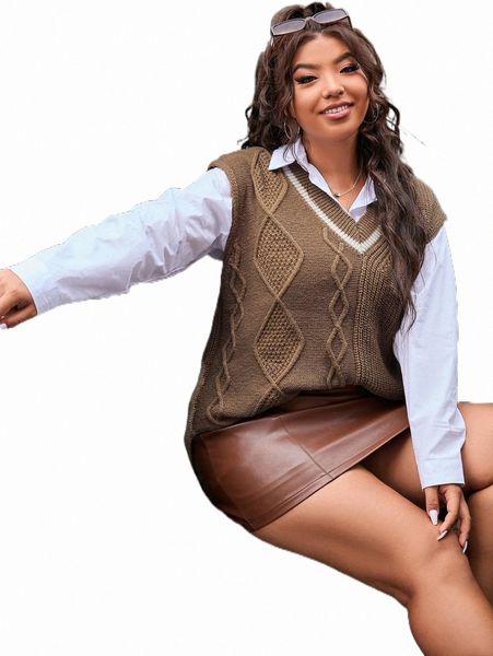 

plus size t-shirt plus striped trim split hem sweater vest without shirt m9qt#, Black