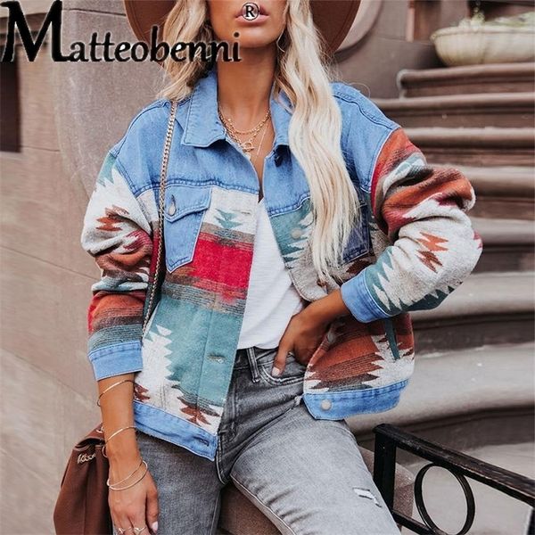 

womens jackets geometric vintage casual jeans jackets autumn winter loose lapel pocket denim coat patchwork long sleeve womens retro jacket, Black;brown