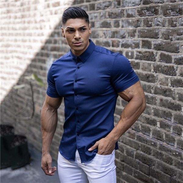 

men's casual shirts men fashion casual short sleeve solid shirt super slim fit male social business dress shirt brand men fitness sport, White;black