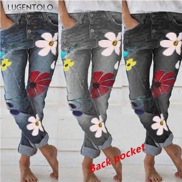 

women's jeans lugentolo jeans woman large size fashion print pattern mid waist bleached button fly street style pencil pants 220908, Blue
