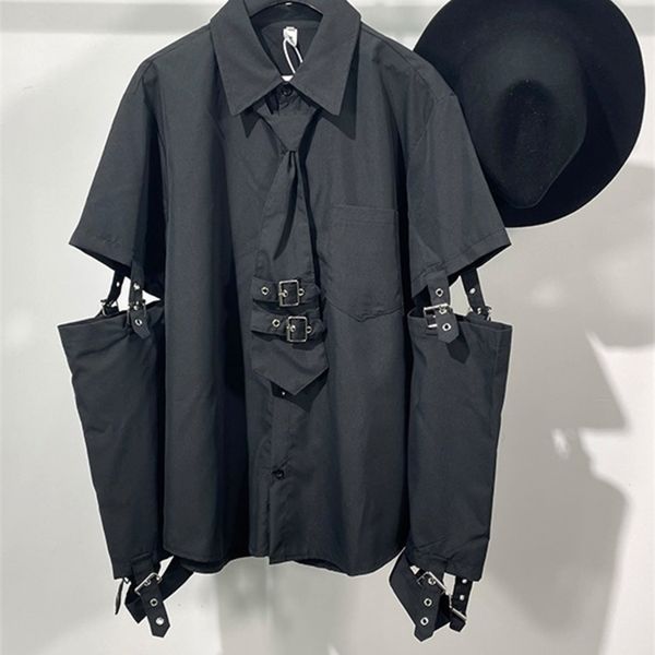 

men's casual shirts pfnw punk black dark style shirt men splice sleeve necktie biker personality casual autumn trend black blouse male, White;black