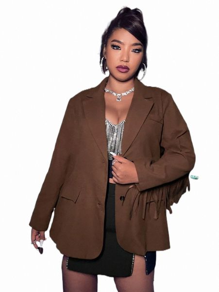 

plus size outerwear & coats plus lapel neck fringe trim blazer h2jo#, Black
