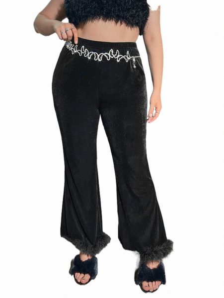 

plus size pants plus fuzzy trim velvet flare leg pants without belt x7d9#, Black