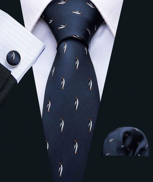 

luxury mens tie dark blue tie with cute penguin small pattern set handkerch, Black;blue