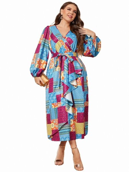 

plus size dresses plus patchwork print lantern sleeve belted dress 57xt#, Black