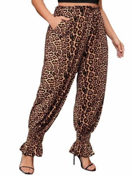 

plus size pants plus leopard print slant pocket pants h14p#, Black