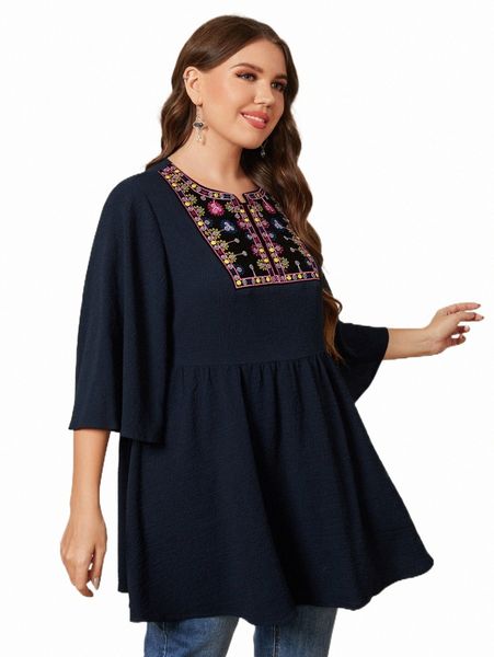 

plus size t-shirt plus floral embroidery peplum blouse h3oy#, Black